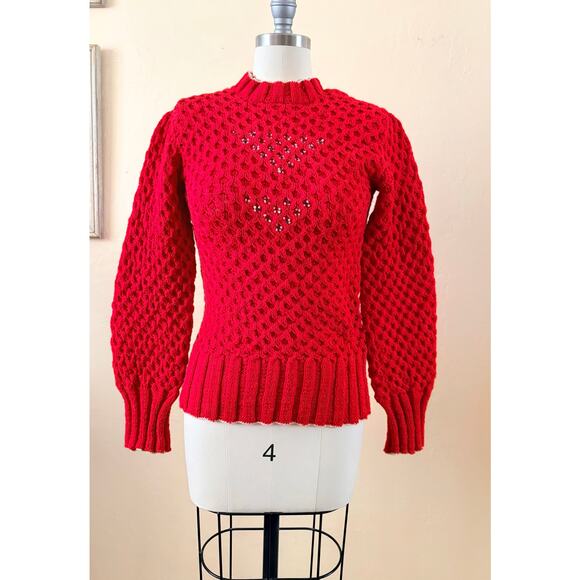 Vintage Red Waffle Knit Sweater Crochet Lace Textured Puff Sleeve Top - Picture 2 of 8